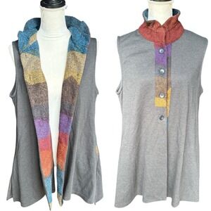Grey Terra Multicolor Patchwork Buttoned Flip Collar Long Vest Pockets - Large
